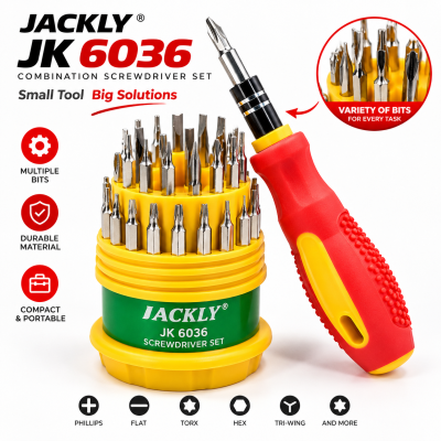 JACKLY JK-6036 31-in-1 Precision Screwdriver Set – Multi-Function Magnetic Tool Kit with 30 Interchangeable Stainless Steel Bits for Electronics & Gadget Repair
